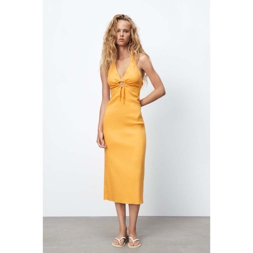 Zara Cut Out Linen Blend Halter Midi Dress Orange XS Backless Summer
